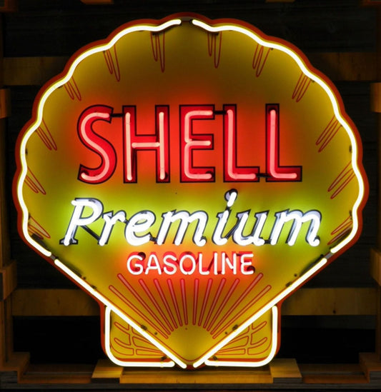 Groot Shell Premium Gasoline-logo neonreclame met achterplaat